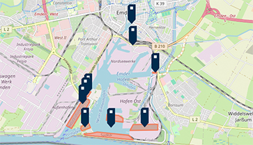 Karte vom Hafen Emden mit den eingezeichneten Stationen zum Hafenrundgang