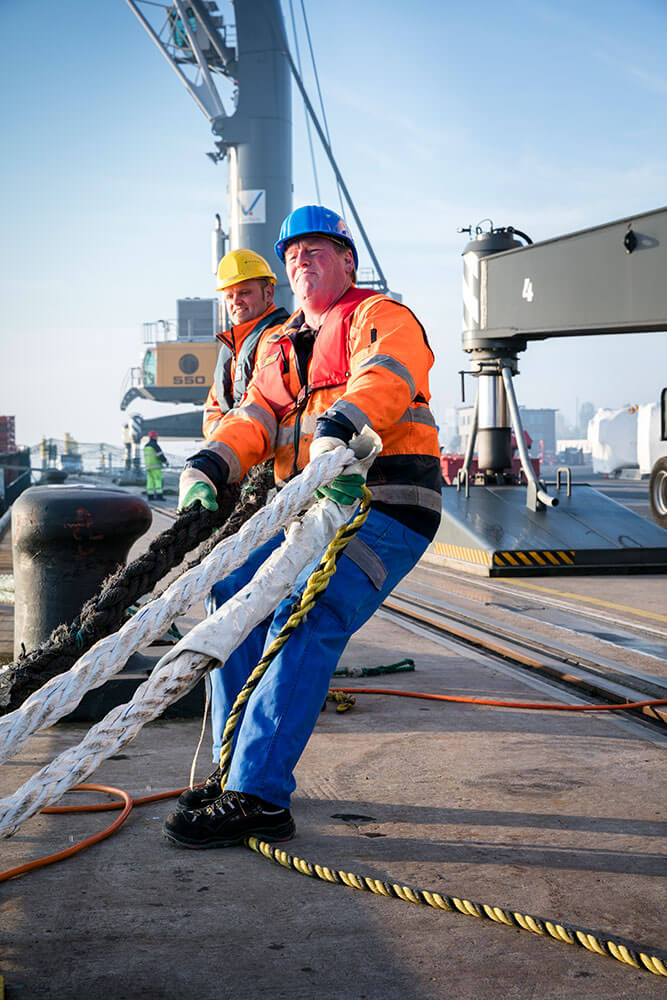 Festmacher im Hafen bei der Arbeit Zwei Festmacher ziehen zusammen angestrengt an zwei sehr dicken Schiffstauen