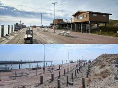 Eine Collage zeigt den Hafen auf Wangerooge vor und nach dem Rückbau der Pfahlbauwerke. (Bilder: Christian O. Bruch/W. Feeken/NPorts)