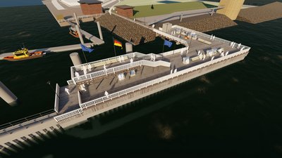 Visualisierung: neue Holzkonstruktion als begehbarer Wetterschutz an der "Alten Liebe" aus der Luft gesehen im Hafen Cuxhaven