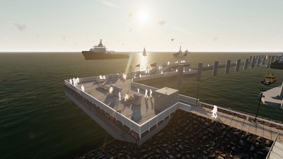 Visualisierung: neue Holzkonstruktion als begehbarer Wetterschutz an der "Alten Liebe" aus der Luft gesehen im Hafen Cuxhaven