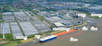 Luftaufnahme vom Hafen Emden mit eingezeichneten Neubauprojekten