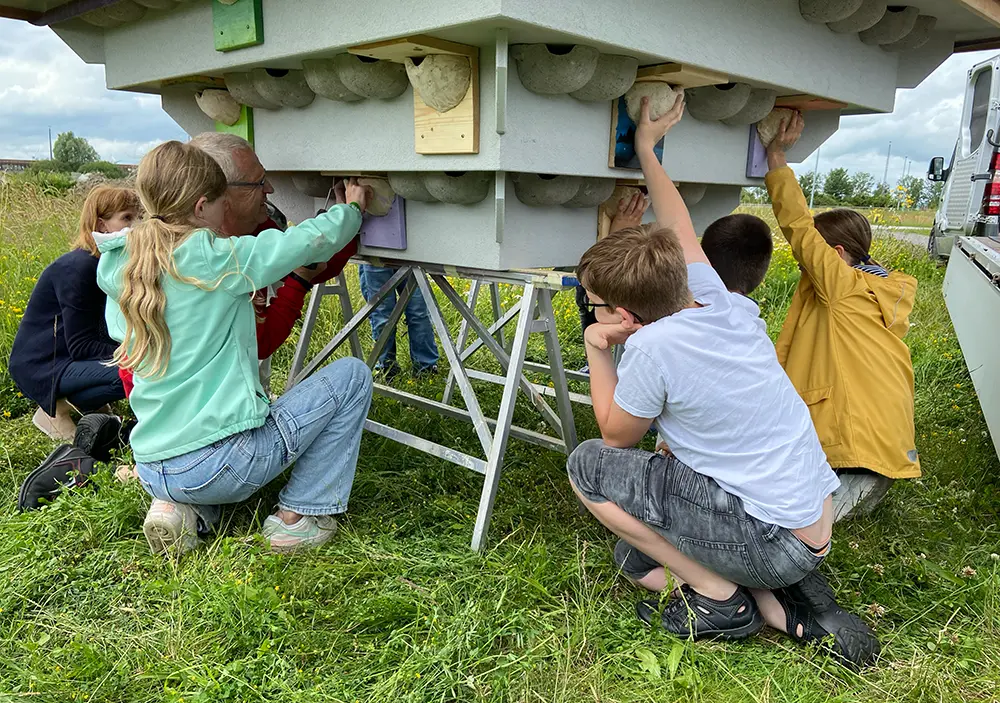 Kinder und ein Betreuer befestigen künstliche Schwalbennester unter dem Dach eines großen Schwalbenhauses, das auf Böcken auf einer Wiese steht.